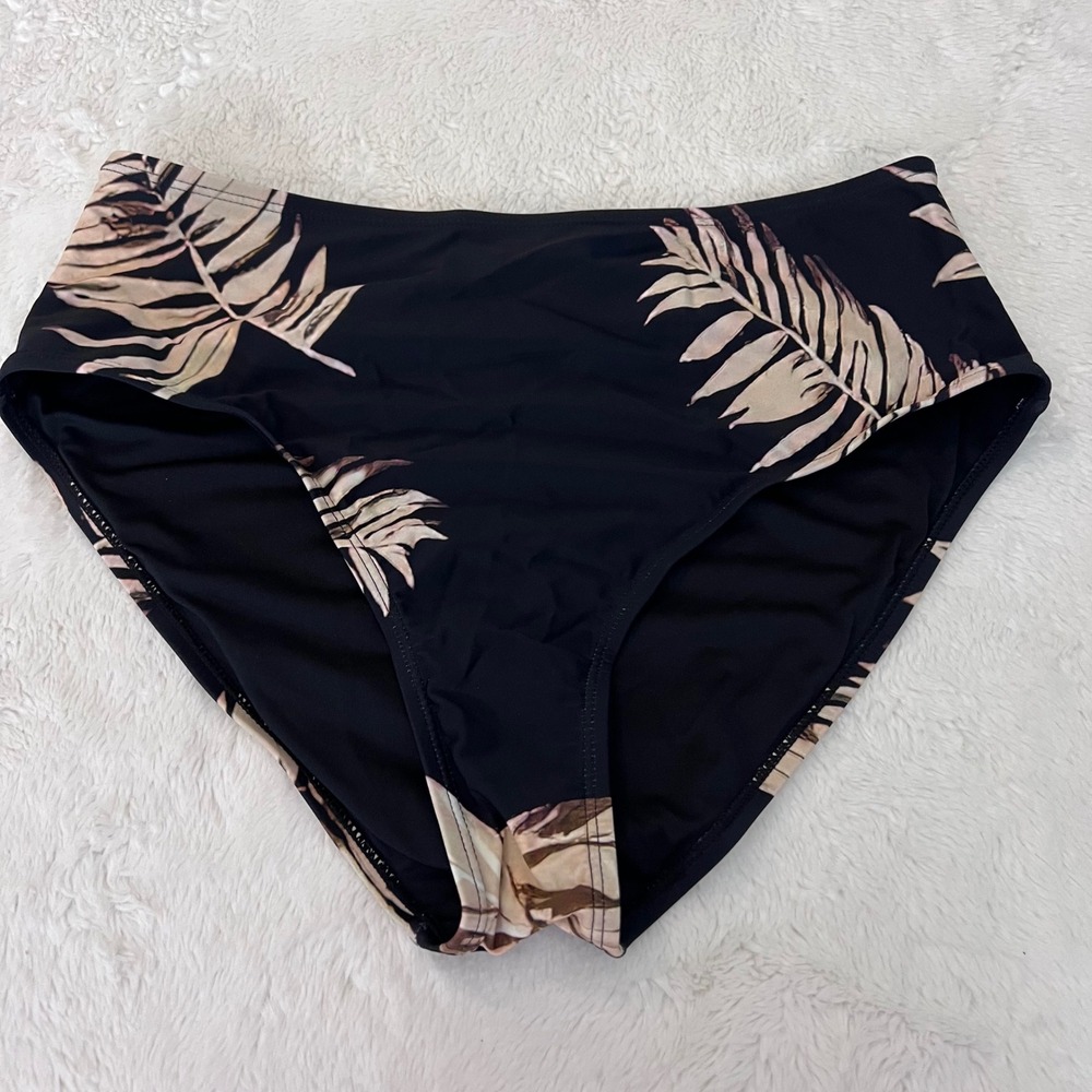 CUPSHE Womens High Waisted Bikini‎ Bottom Tropical Palm Leaf Black Tan Large NEW
